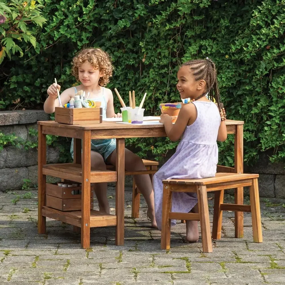 Kids Outdoor Wooden Playset - Conjunto de Mesa y 2 Bancos